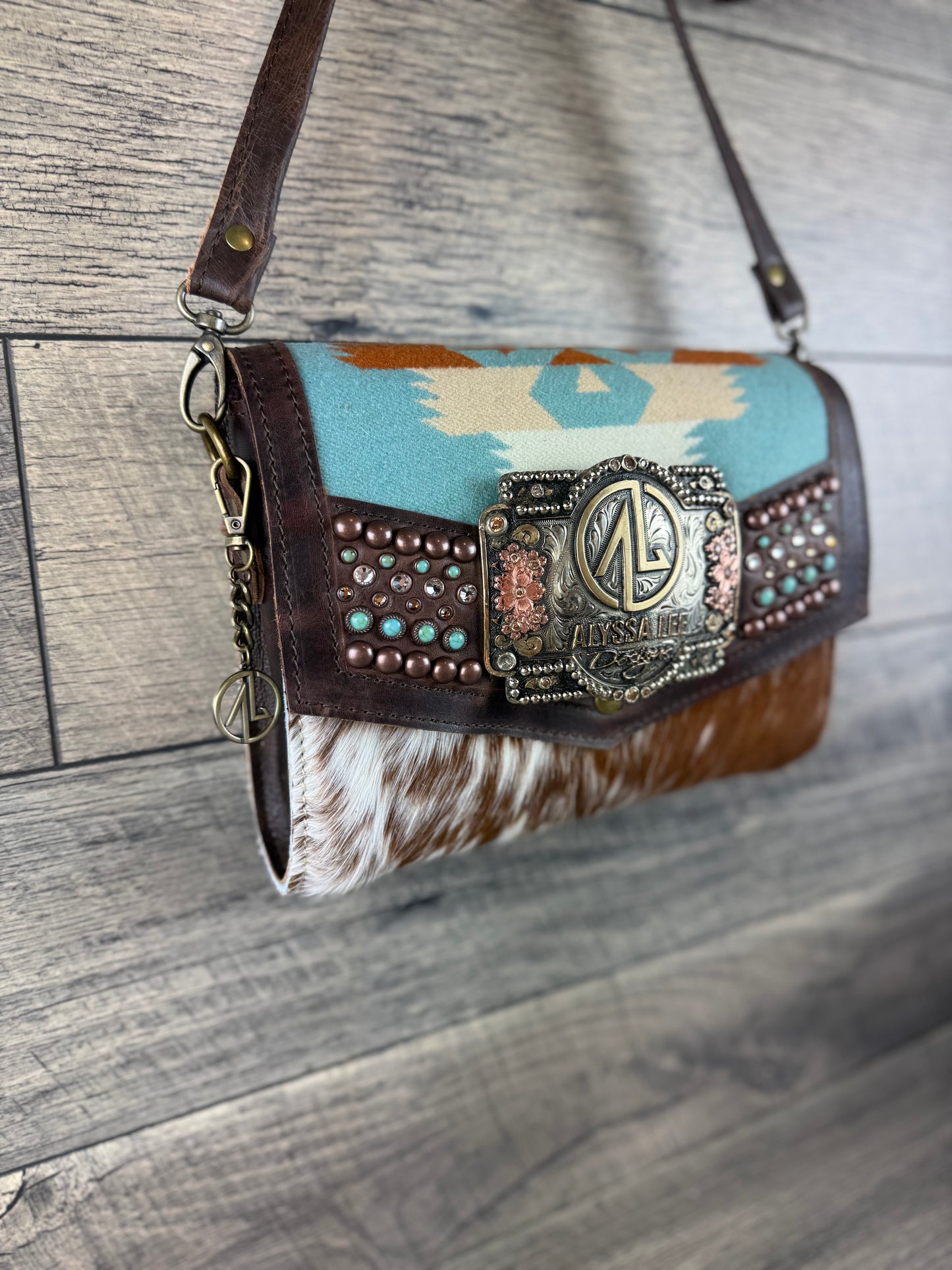 “Jasmine” Crossbody w/Buckle Option - Tucson Aqua & Cowhide