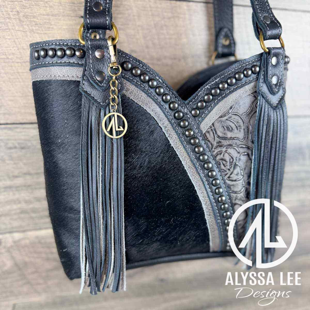Bethany Tote - Black Cowhide w/Gunmetal Roses