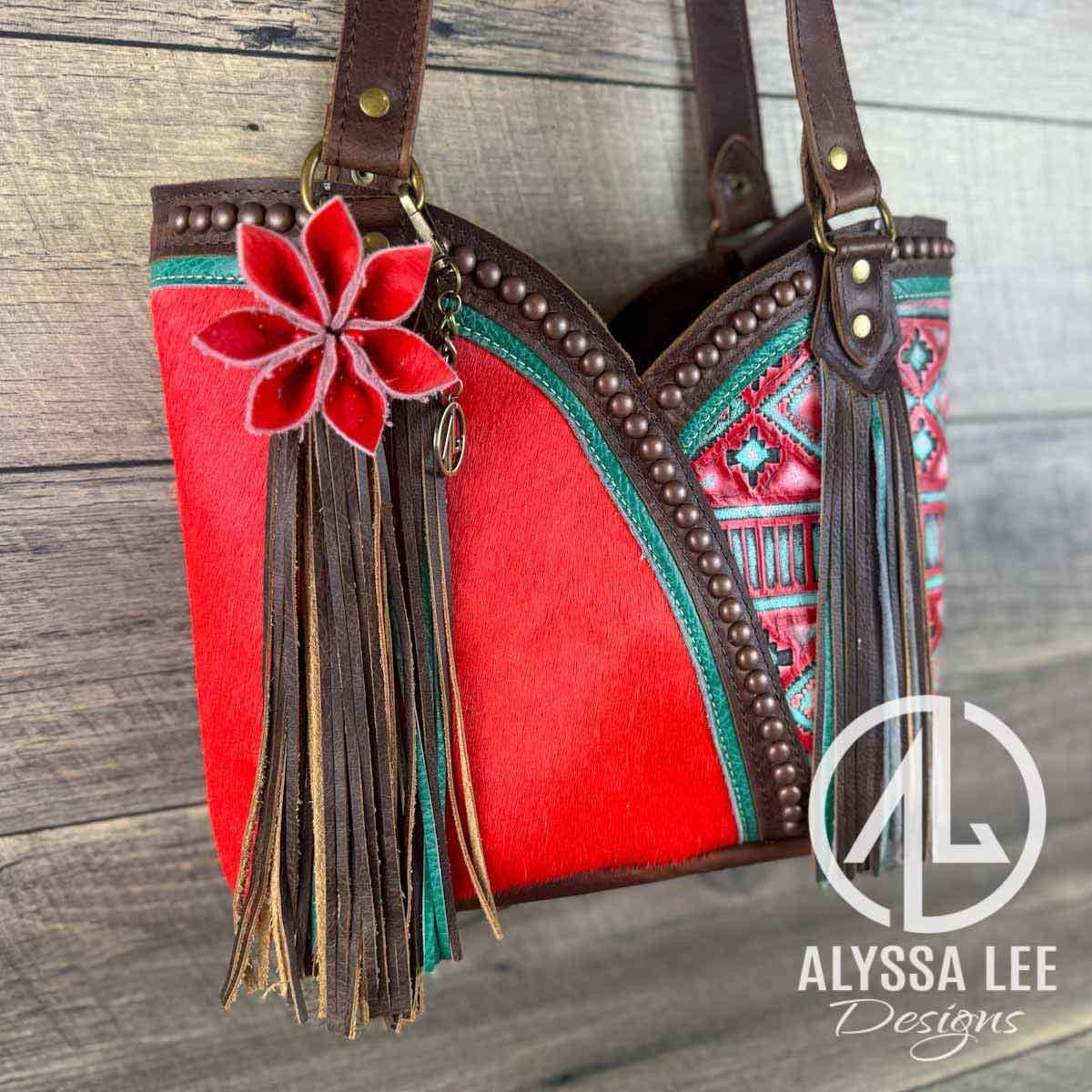 Bethany Tote - Red Cowhide w/Teal & Red Navajo