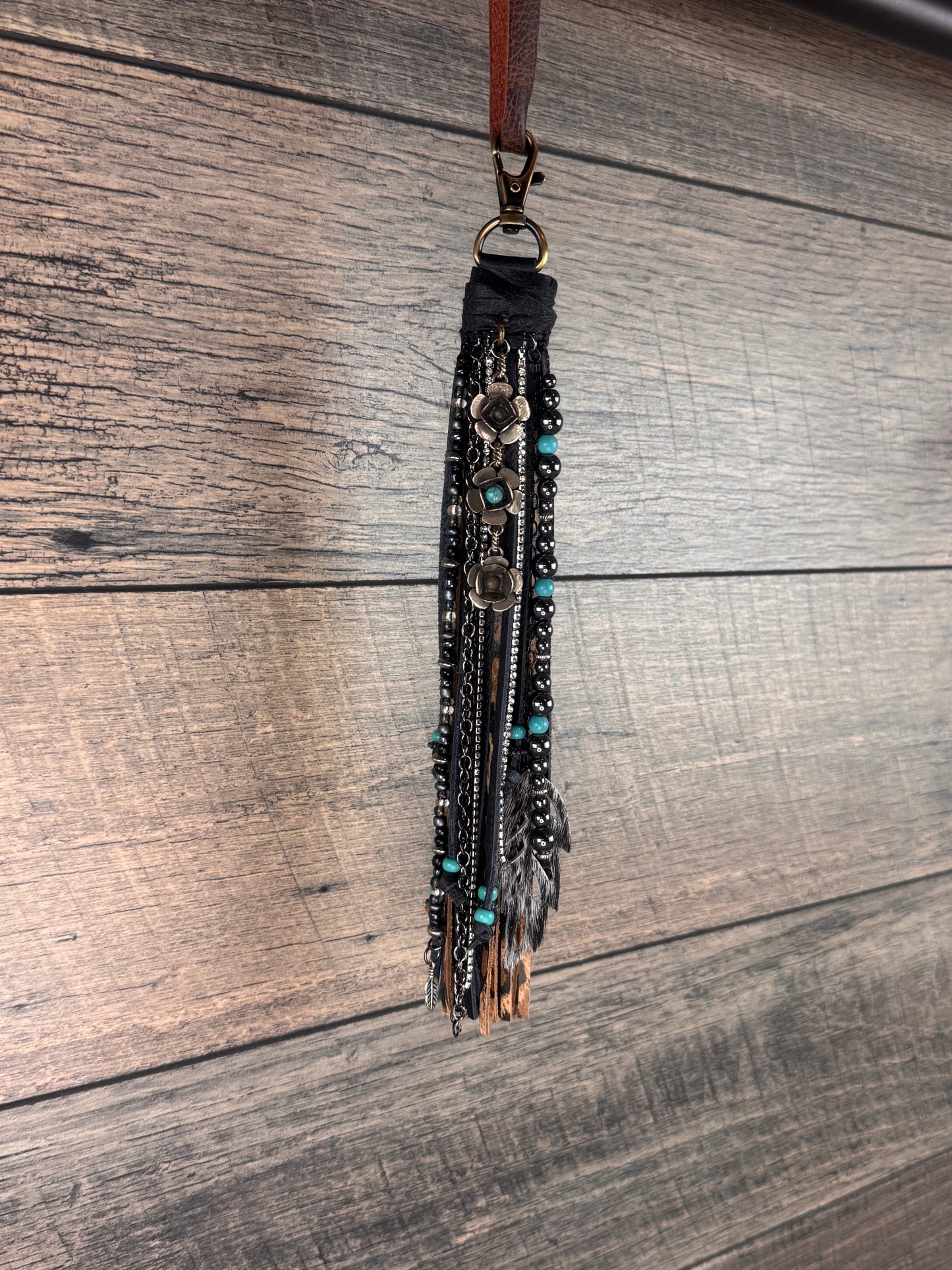 “Junk’d Up” Tassel 012 - Black, Leopard, Turquoise & Hematite