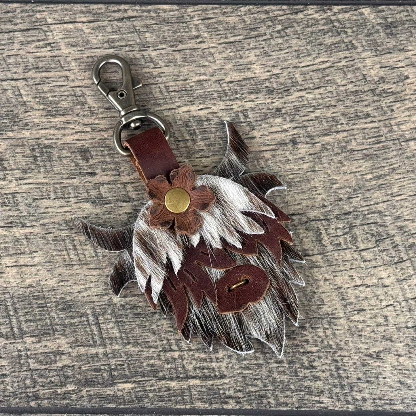Highland Cow Purse Charm 014 - Brown & White w/Flower