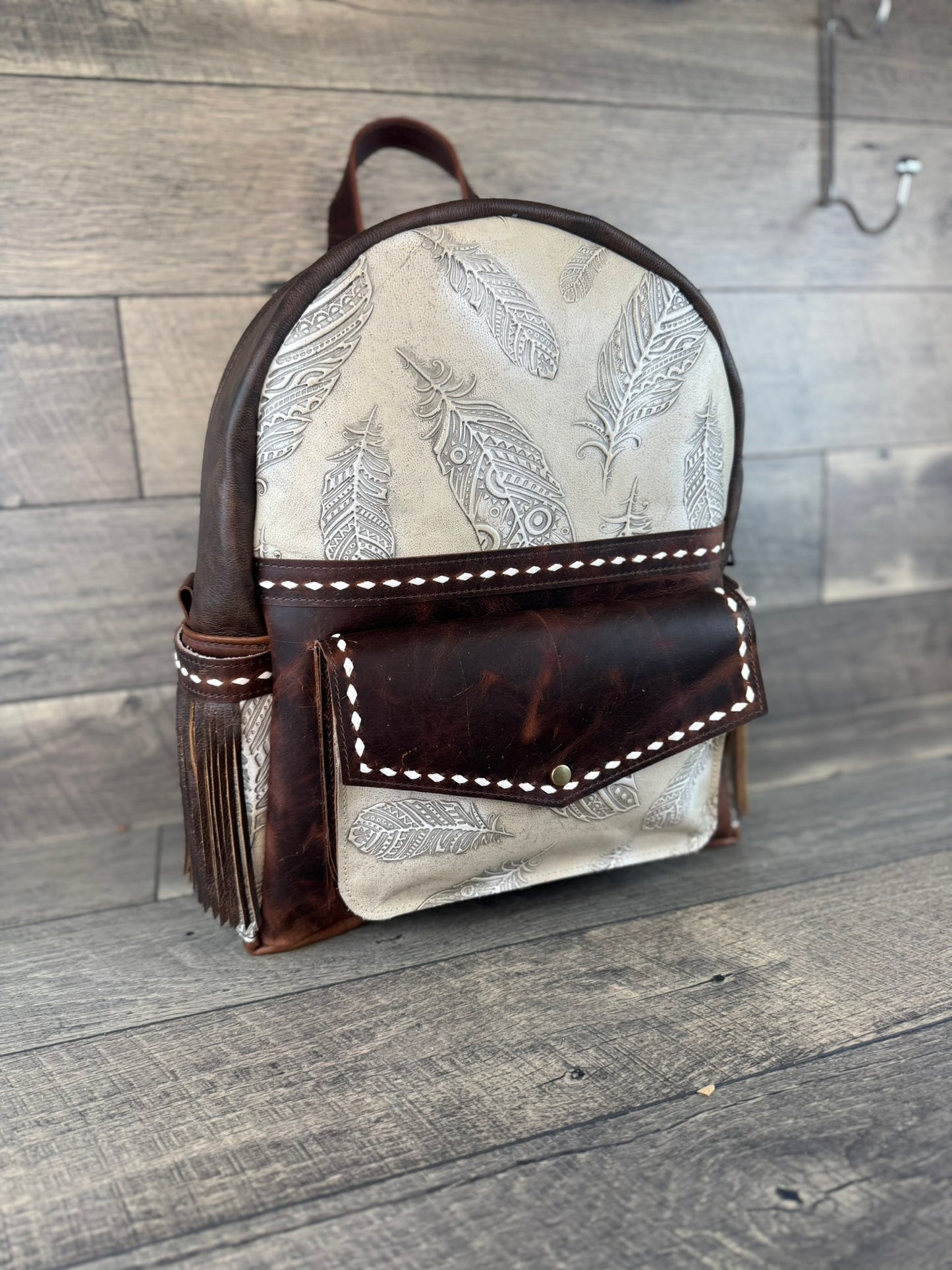 Backpack - White & Ivory Feathers with Buckstitching