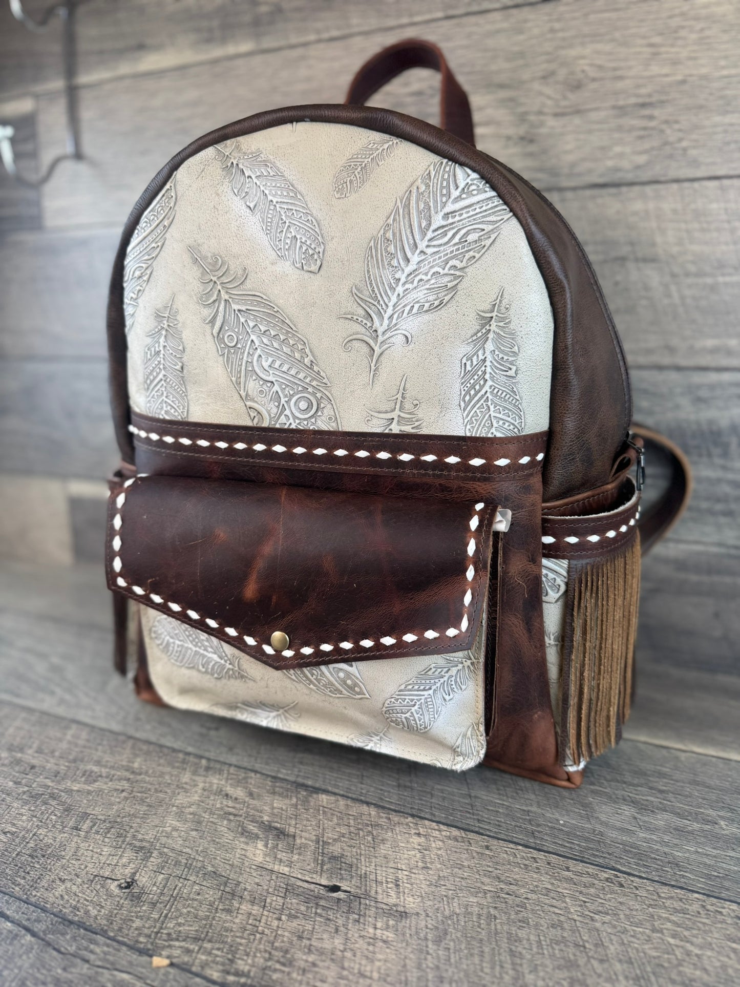 Backpack - White & Ivory Feathers with Buckstitching