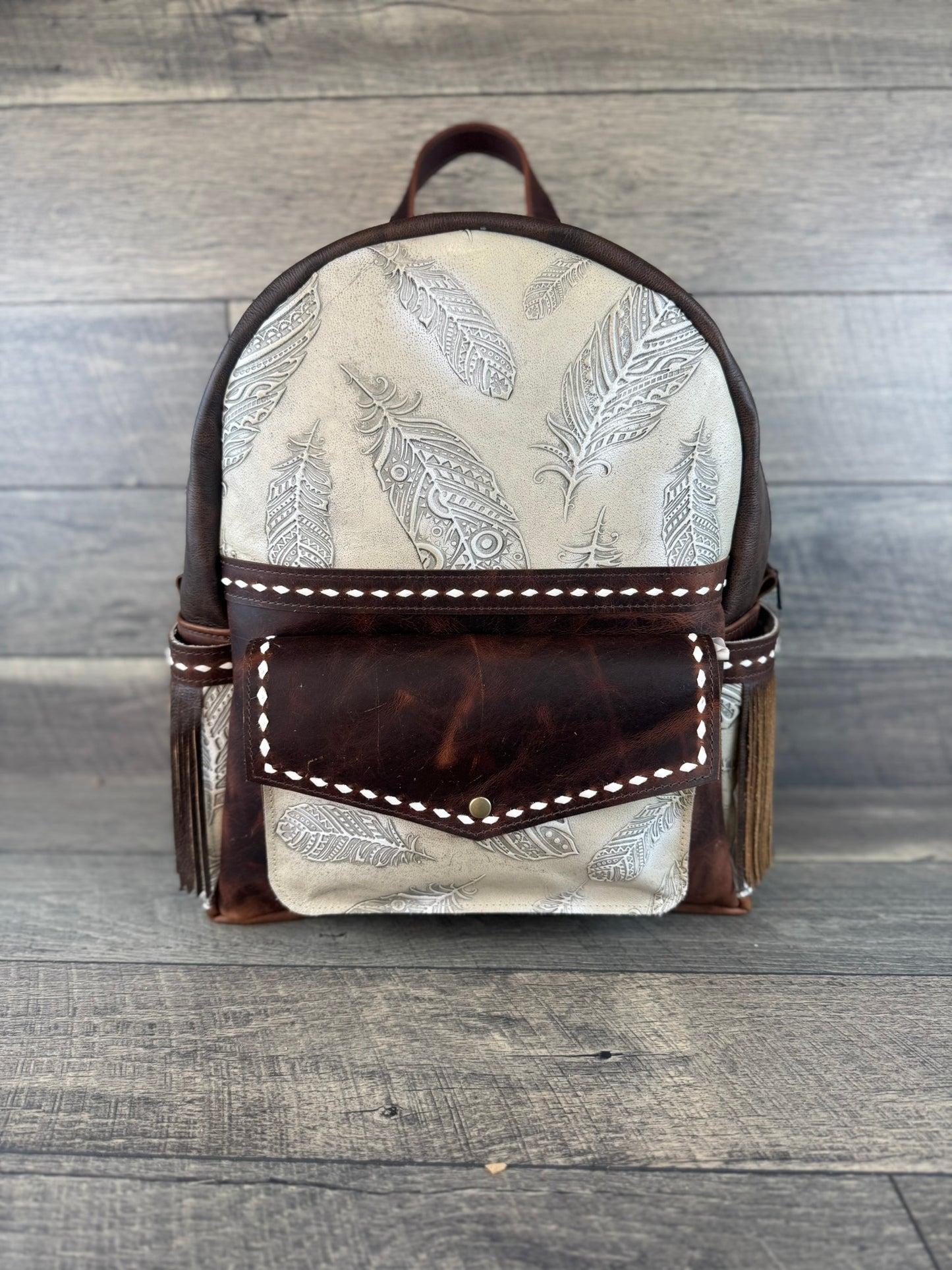 Backpack - White & Ivory Feathers with Buckstitching