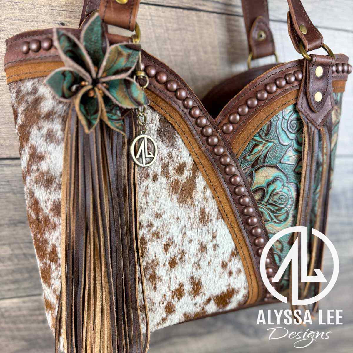 Bethany Tote - Carmel Speckled Cowhide w/Teal Roses
