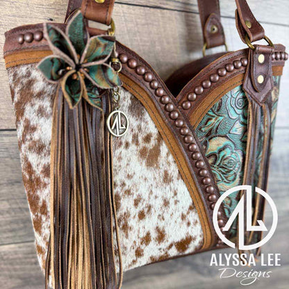 Bethany Tote - Carmel Speckled Cowhide w/Teal Roses