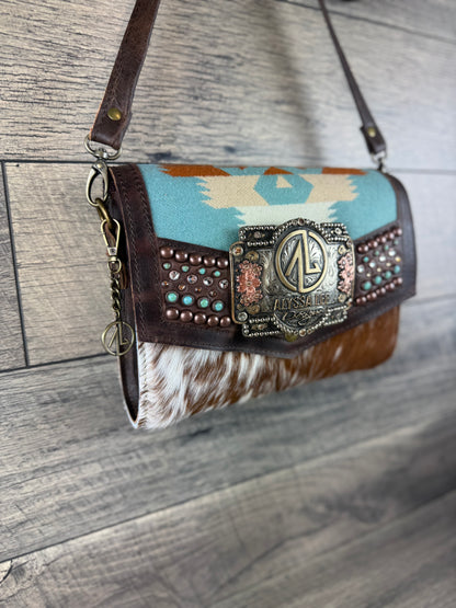 “Jasmine” Crossbody w/Buckle Option - Tucson Aqua & Cowhide