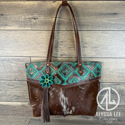 Aubree - Brown Cowhide w/Teal & Copper Aztec (#004)