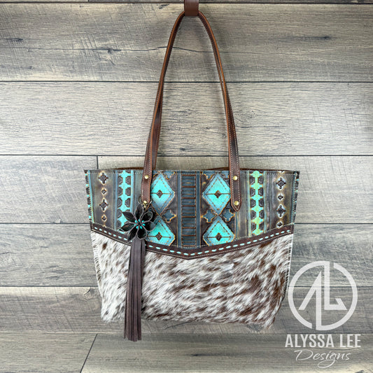 Aubree - Brown & White Cowhide w/Teal Navajo (#005)