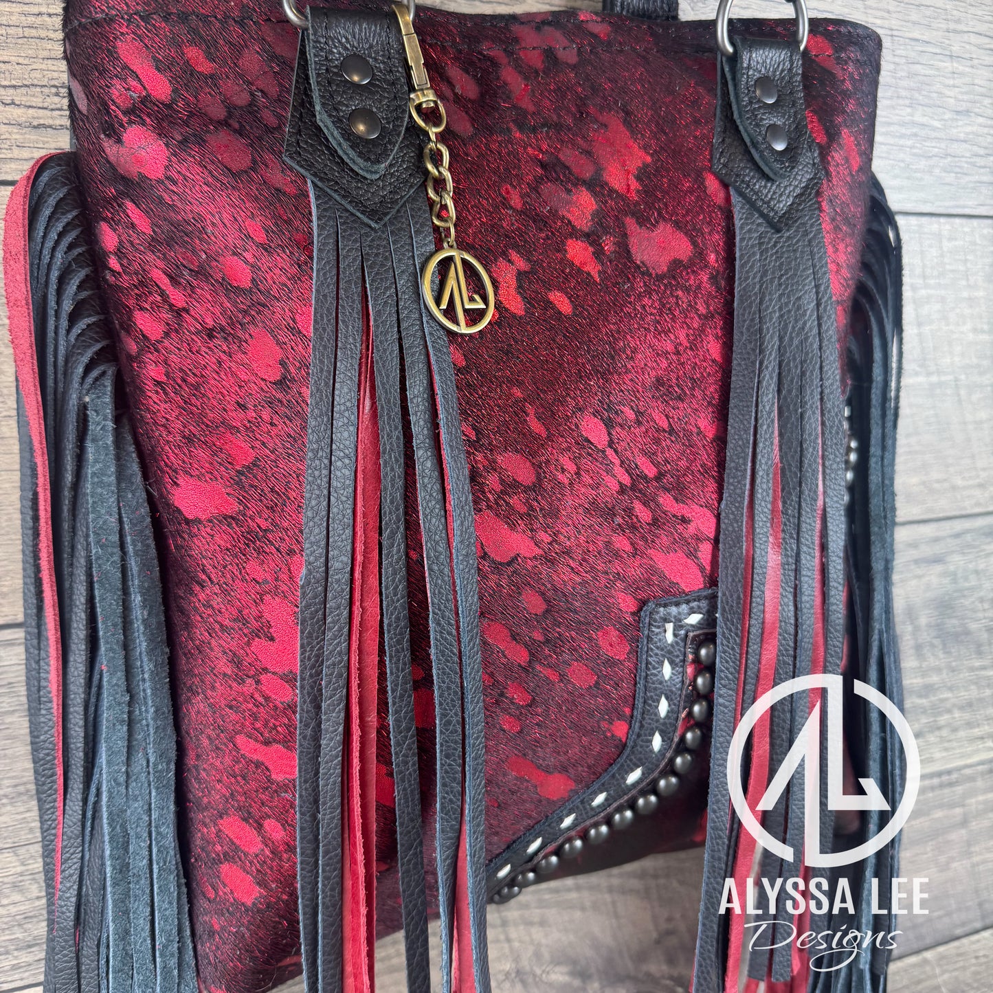 “Harlow” - Red & Black Acid Wash Cowhide w/Buckstitching