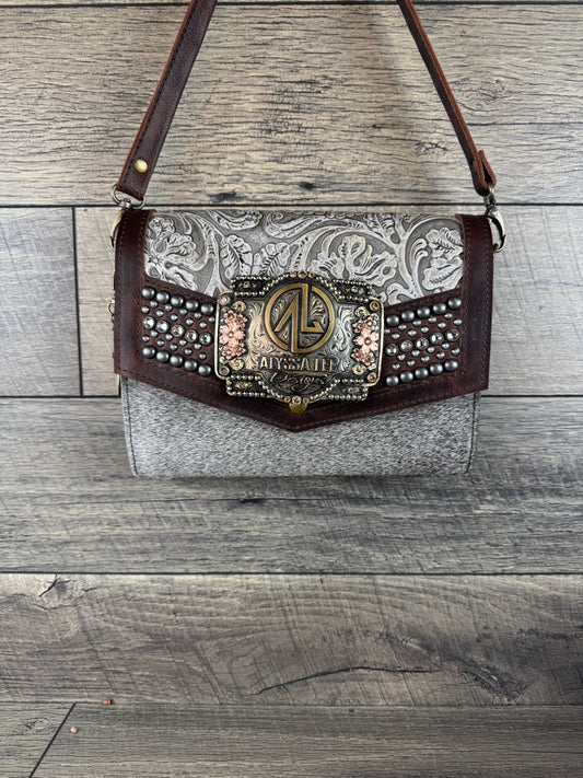 “Jasmine” Crossbody w/Buckle Option - Silver Tooled & Grey Cowhide
