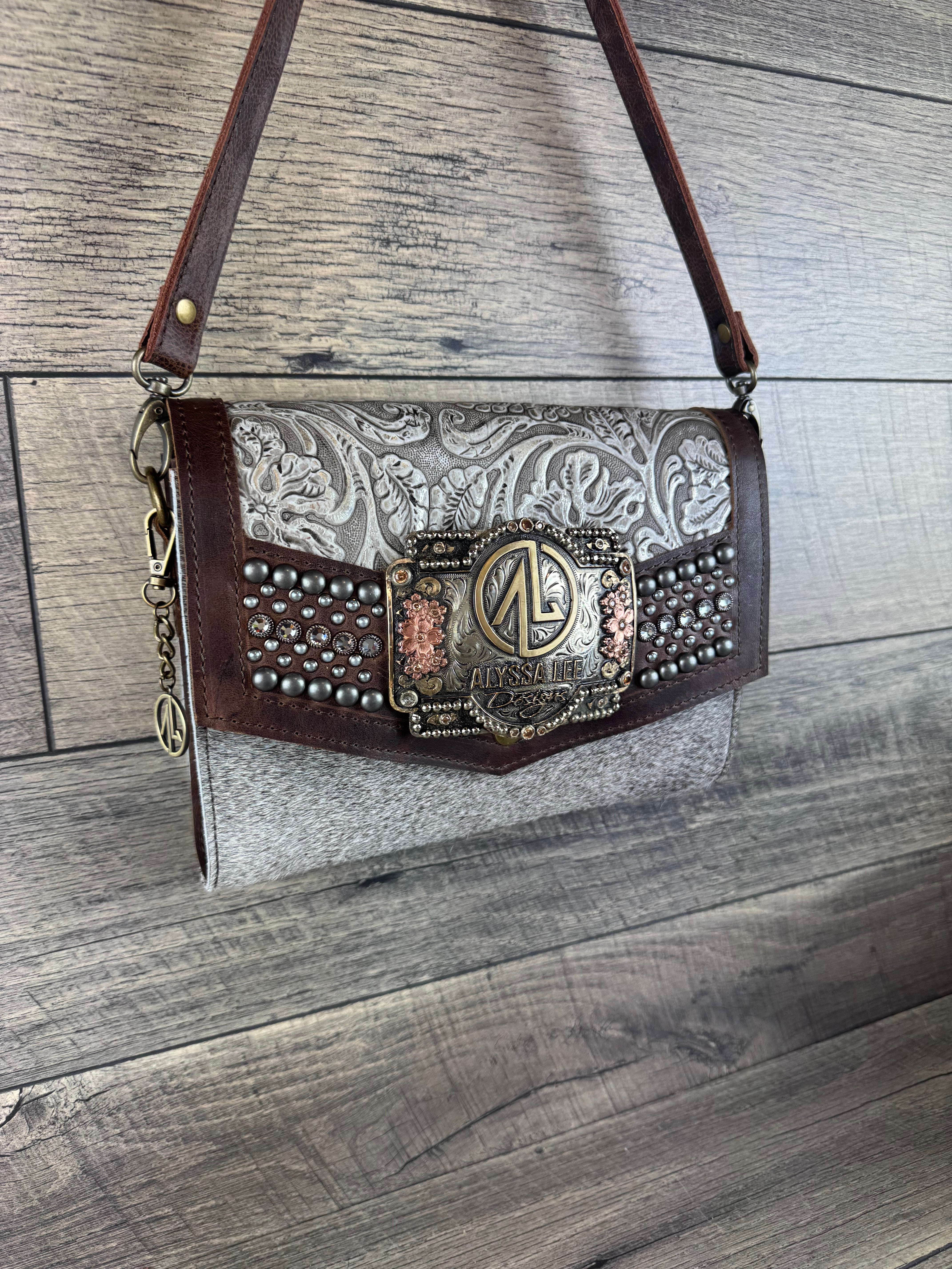 Jasmine” Crossbody w/Buckle Option - Silver Tooled & Grey Cowhide