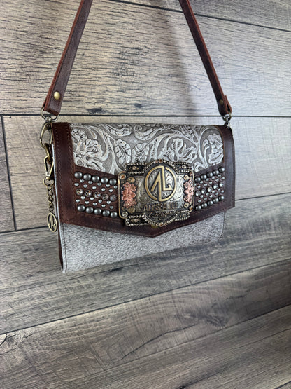 “Jasmine” Crossbody w/Buckle Option - Silver Tooled & Grey Cowhide