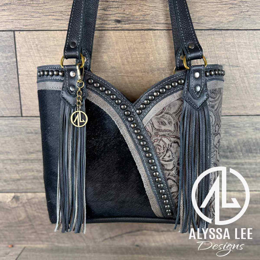 Bethany Tote - Black Cowhide w/Gunmetal Roses