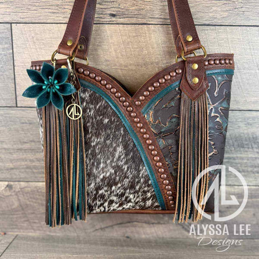 Bethany Tote - Dark Speckled Cowhide w/Laredo & Teal