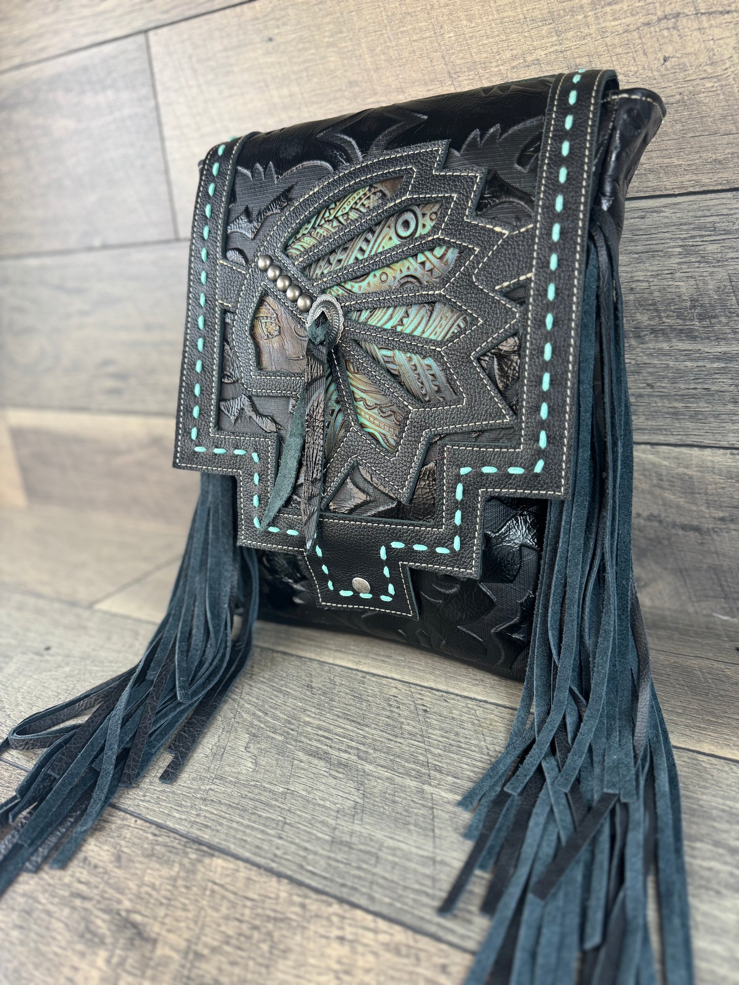 Cassidy Backpack - Turquoise Native Headdress & Black Leather (#002)