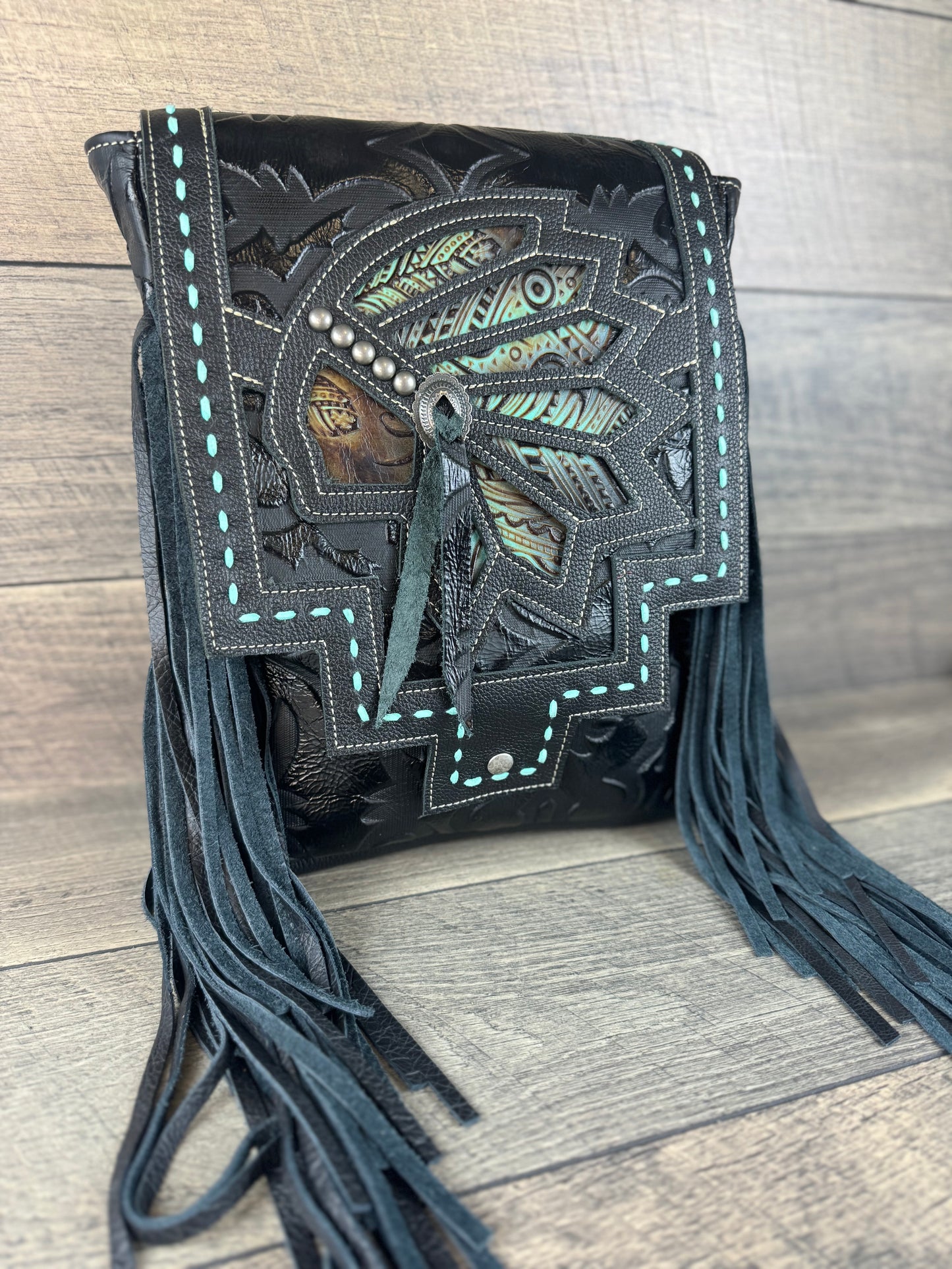 Cassidy Backpack - Turquoise Native Headdress & Black Leather (#002)