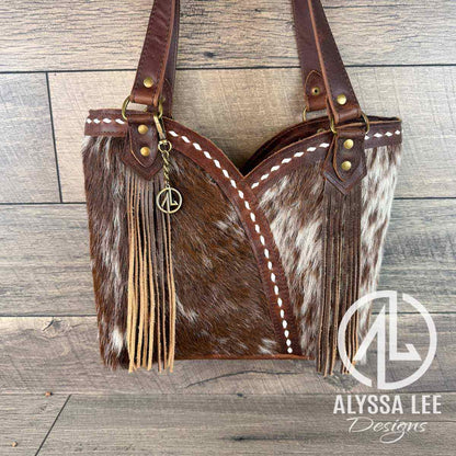 Bethany Tote - Brown & White Cowhide w/Buckstitching