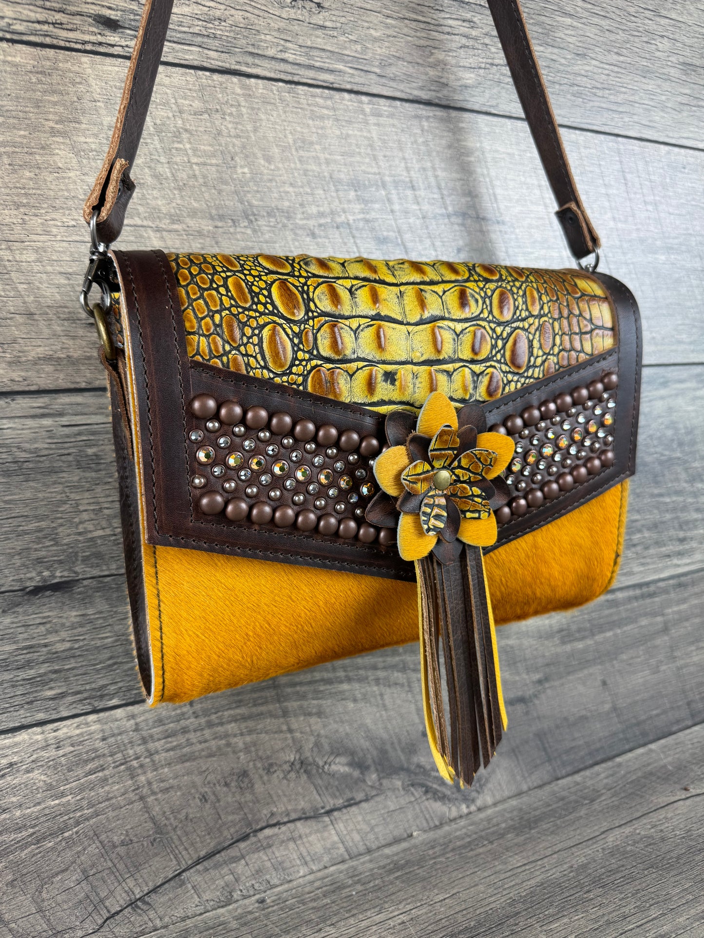“Jasmine” Crossbody - Mustard Cowhide & Croc