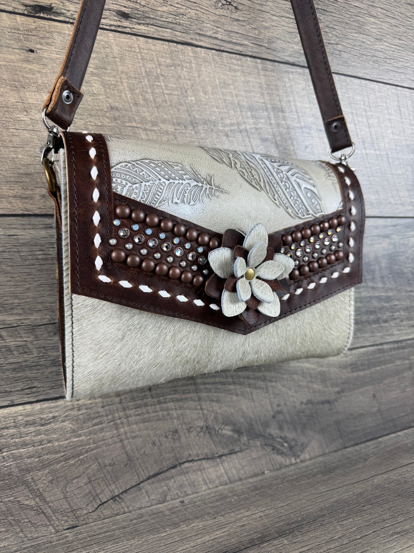 “Jasmine” Crossbody - Pearl White Cowhide w/Ivory Feathers