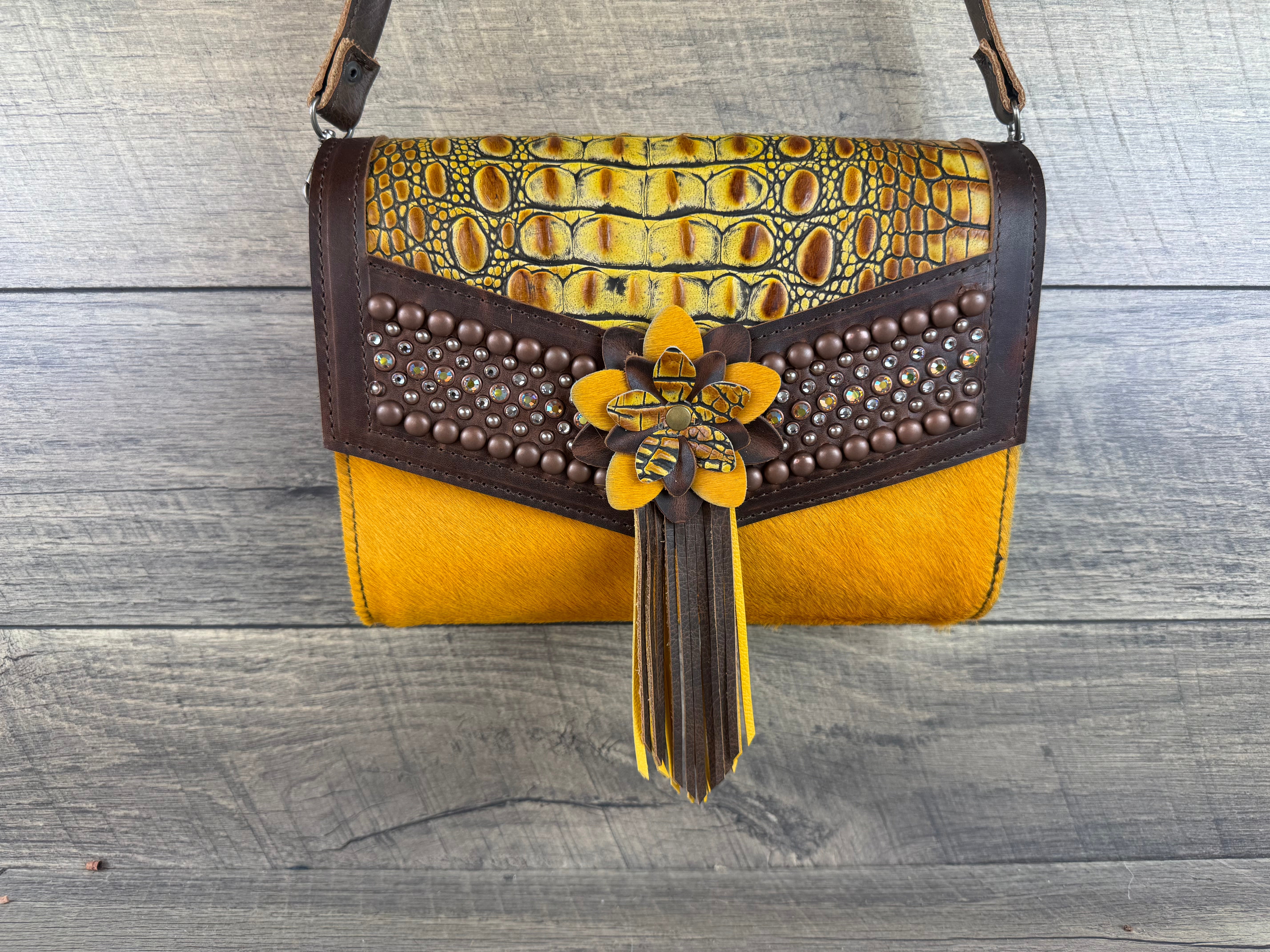 “Jasmine” Crossbody - Mustard Cowhide & Croc – Alyssa Lee Designs