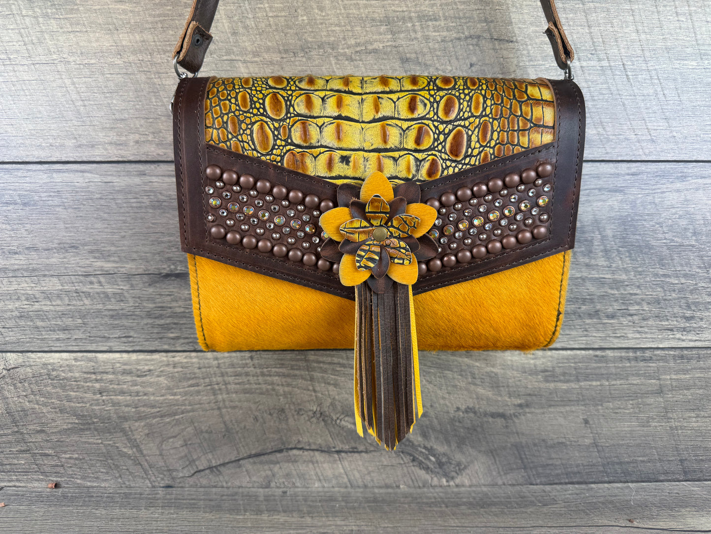 “Jasmine” Crossbody - Mustard Cowhide & Croc