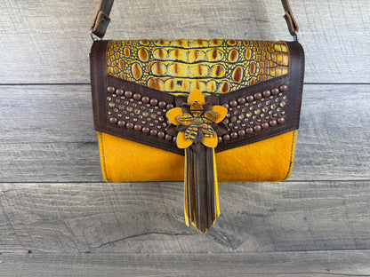 “Jasmine” Crossbody - Mustard Cowhide & Croc