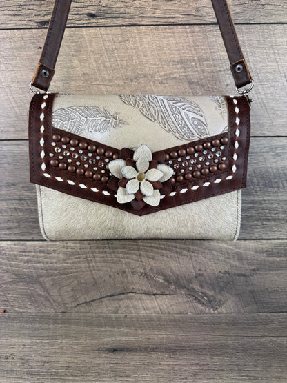 “Jasmine” Crossbody - Pearl White Cowhide w/Ivory Feathers