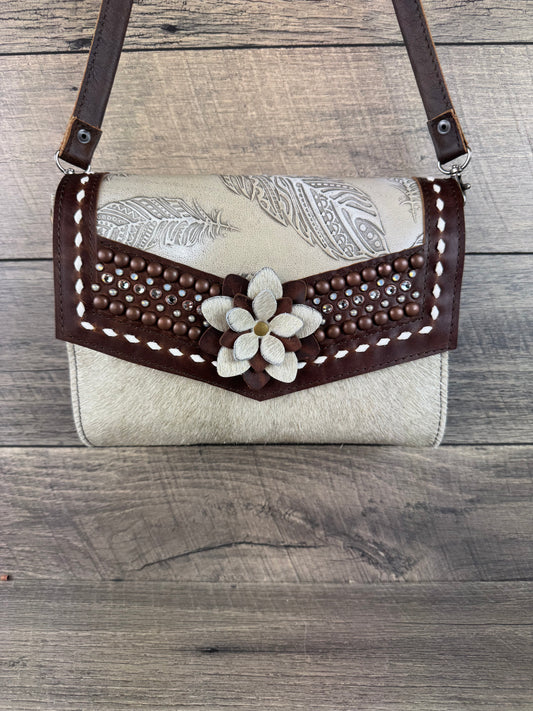 “Jasmine” Crossbody - Pearl White Cowhide w/Ivory Feathers