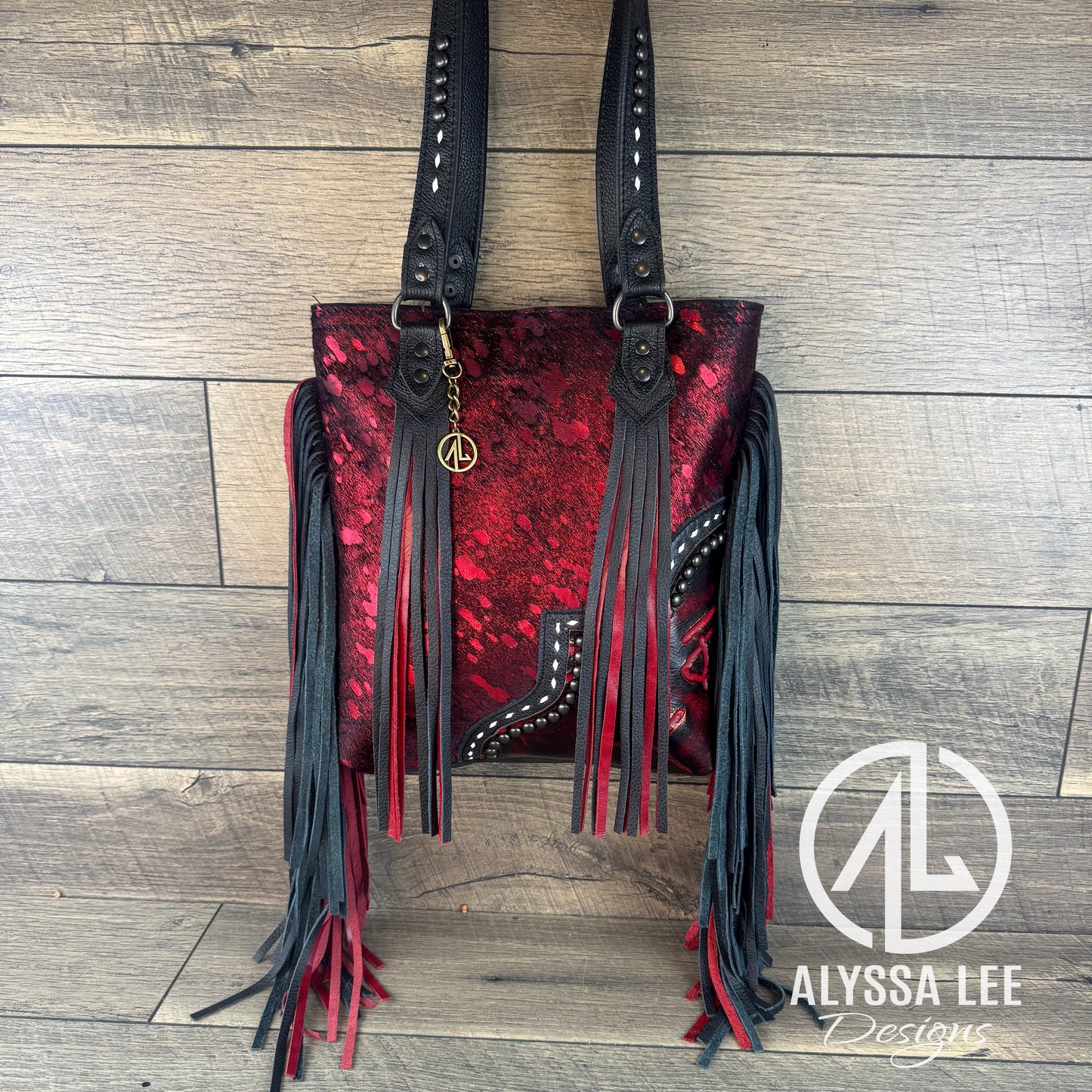 “Harlow” - Red & Black Acid Wash Cowhide w/Buckstitching