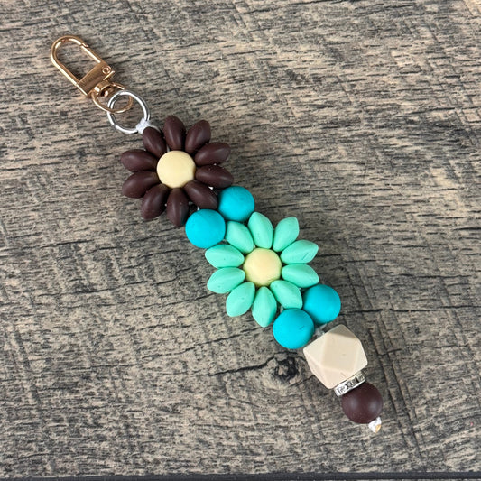 Silicone Flower Keychain 024 - Turquoise & Brown