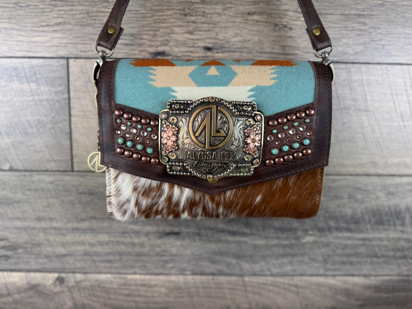 “Jasmine” Crossbody w/Buckle Option - Tucson Aqua & Cowhide