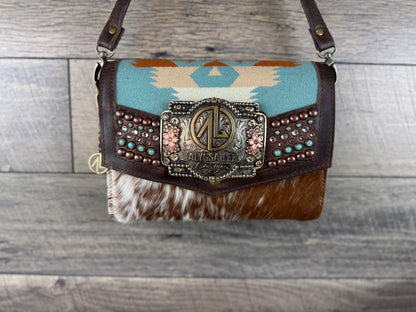 “Jasmine” Crossbody w/Buckle Option - Tucson Aqua & Cowhide