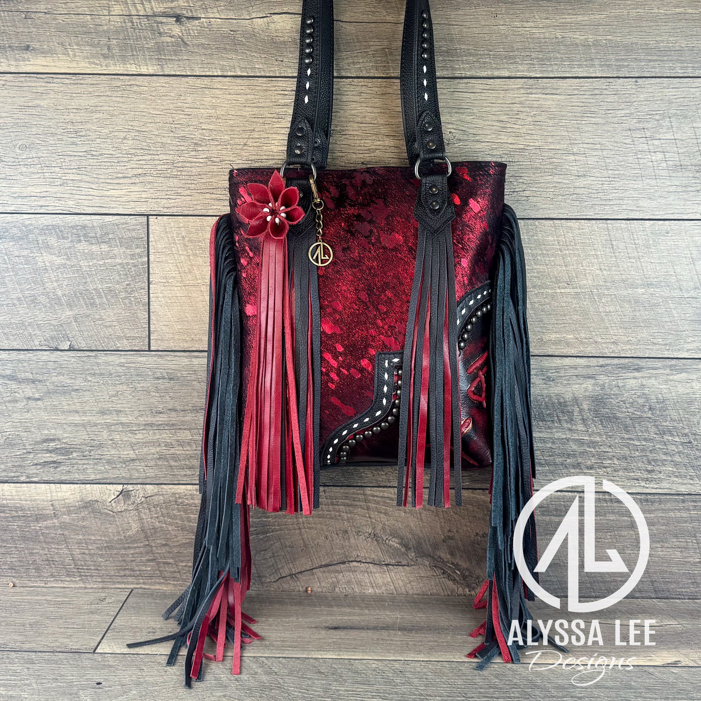 “Harlow” - Red & Black Acid Wash Cowhide w/Buckstitching