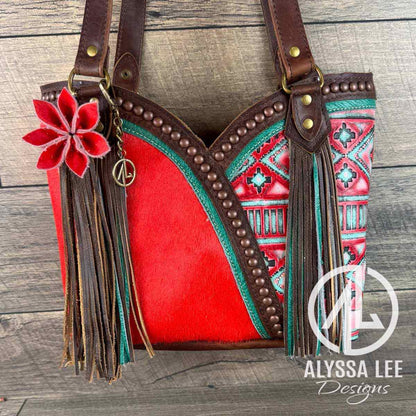 Bethany Tote - Red Cowhide w/Teal & Red Navajo