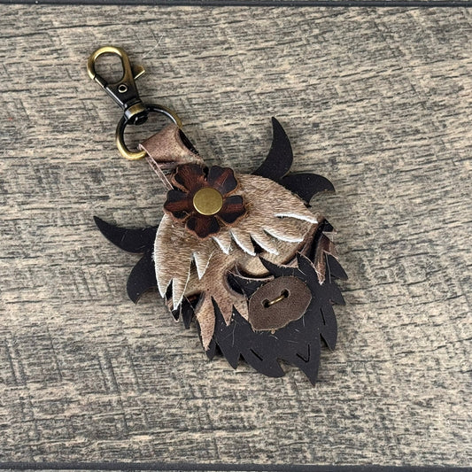 Highland Cow Purse Charm 004 - Dark Chocolate & Tan w/Chocolate Flower