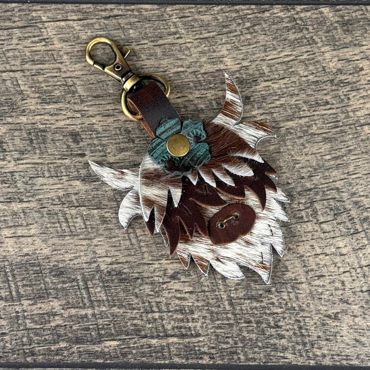 Highland Cow Purse Charm 006 - White & Brown w/Turquoise Flower