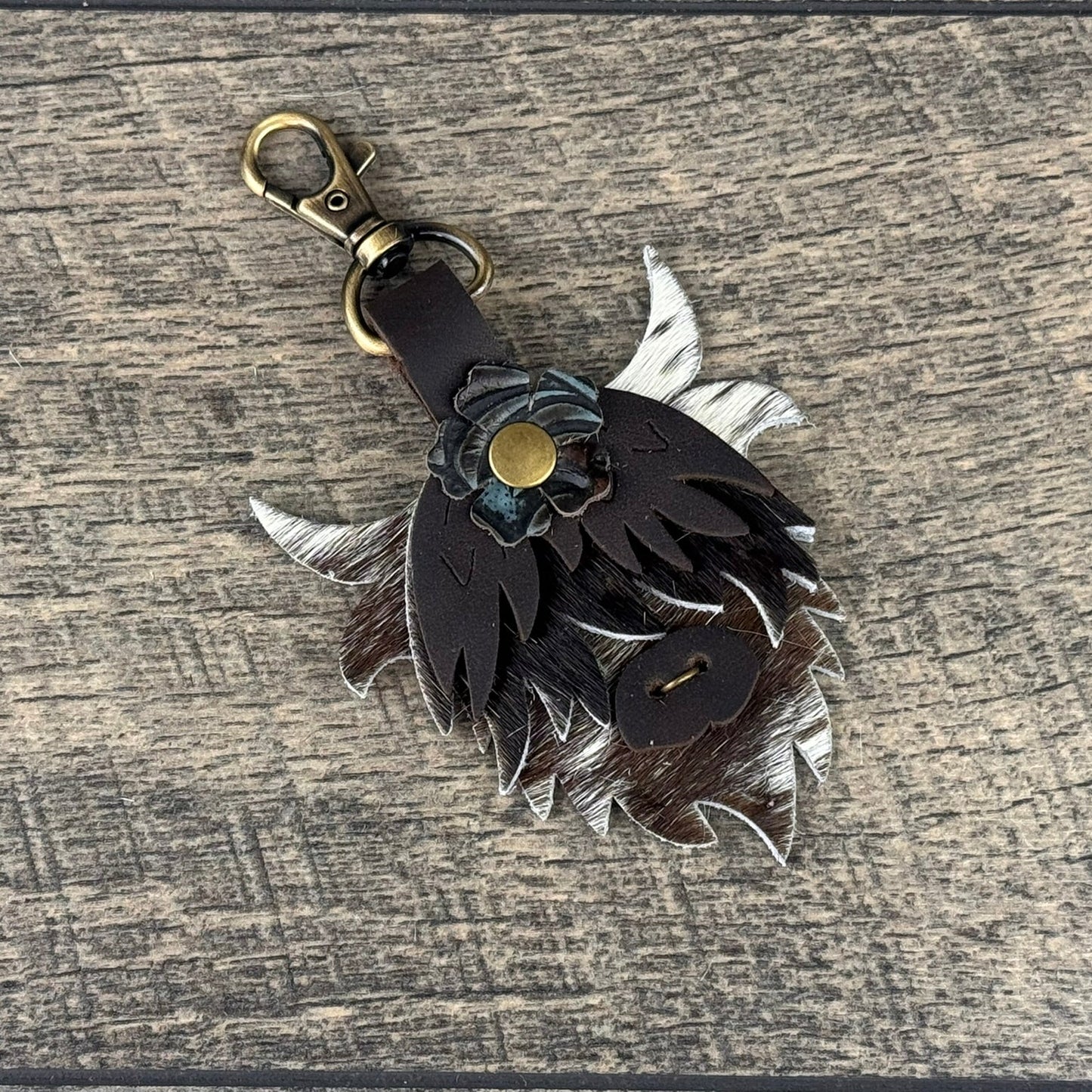 Highland Cow Purse Charm 007 - Dark Brown w/Dark Turquoise Flower