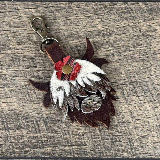 Highland Cow Purse Charm 010 - Dark Brown & White w/Red Flower