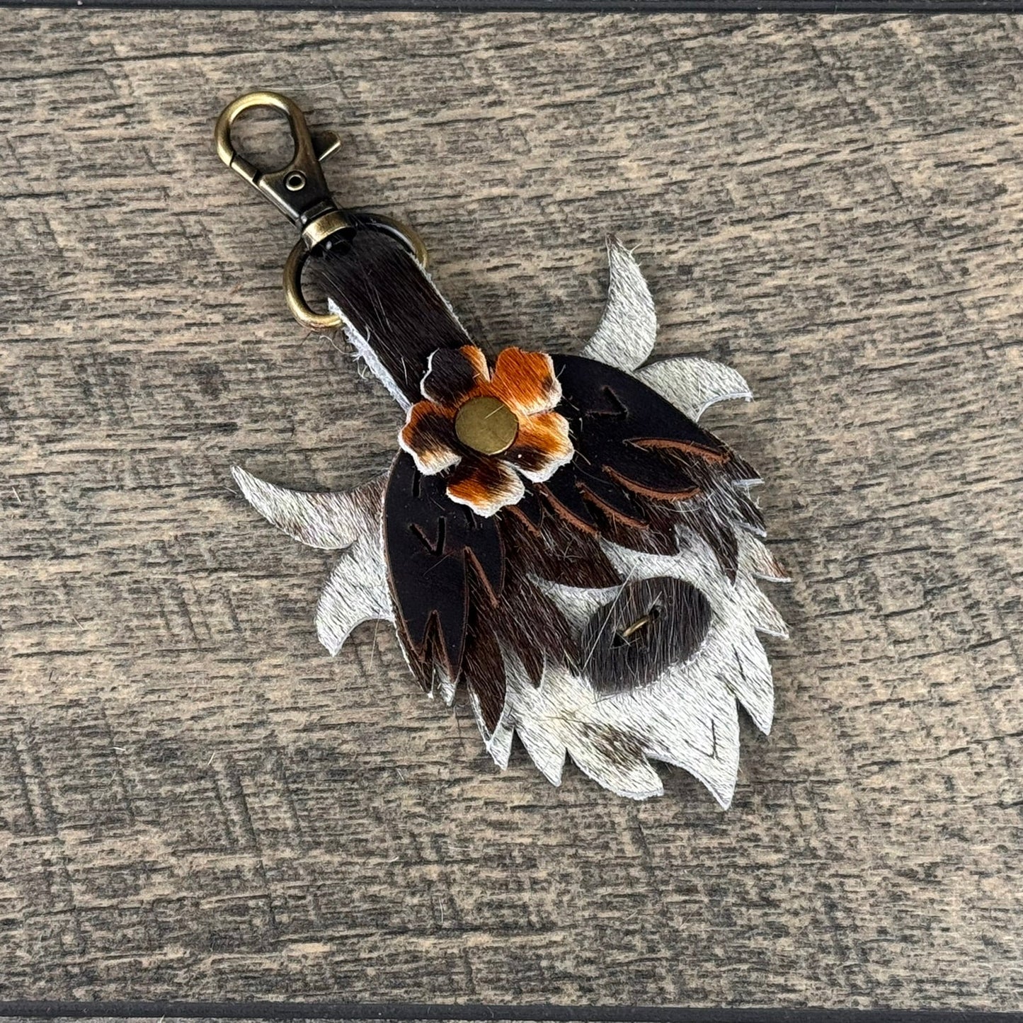 Highland Cow Purse Charm 015 - White & Brown w/Cheetah Flower
