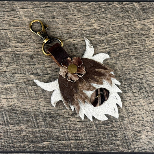 Highland Cow Purse Charm 016 - White, Tan & Brown w/Flower