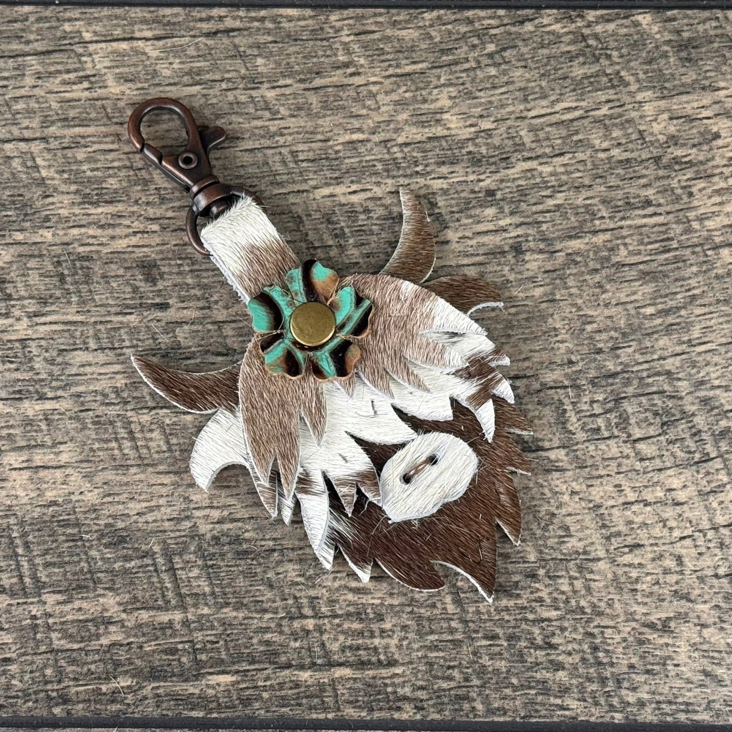 Highland Cow Purse Charm 017 - Brown, Tan, White w/Mint Flower