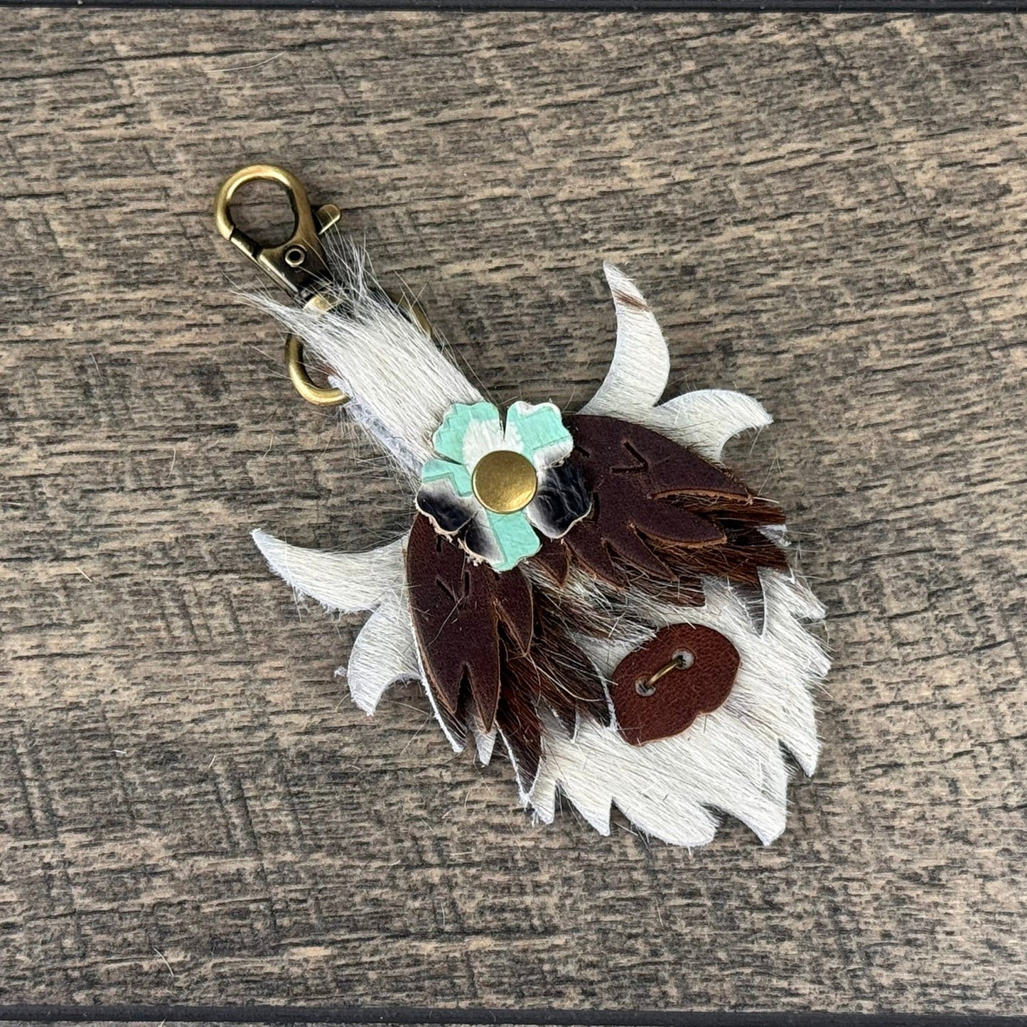 Highland Cow Purse Charm 018 - White & Brown w/Light Mint Flower