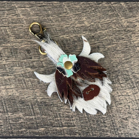 Highland Cow Purse Charm 018 - White & Brown w/Light Mint Flower