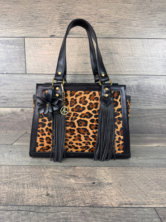 "Alyssa" Satchel Handbag 005 - Black & Leopard
