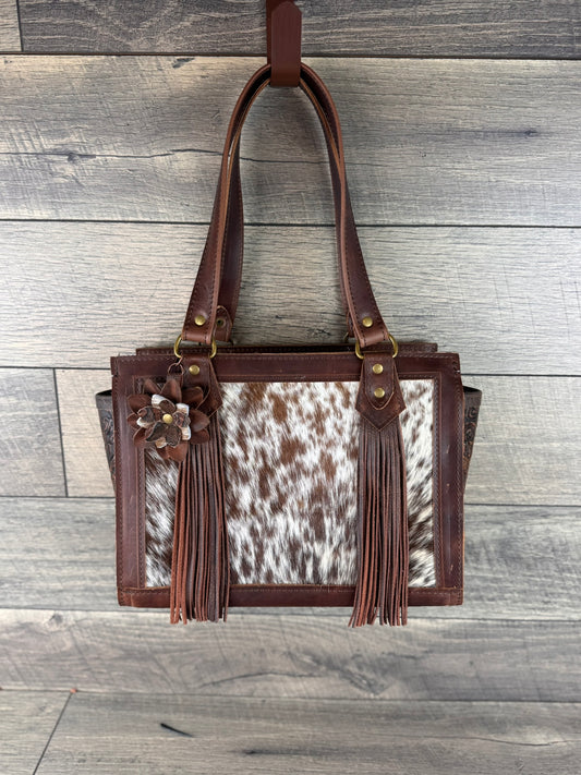 "Alyssa" Satchel Handbag 002 - Hair on Cowhide & Chocolate Leather