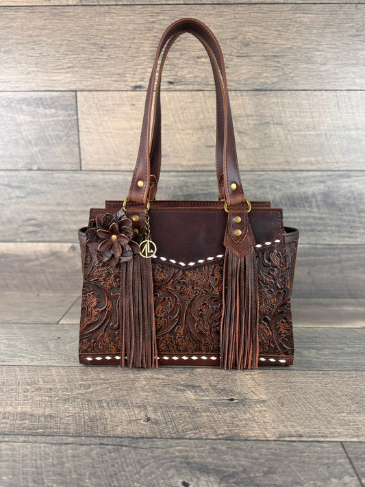 "Alyssa" Satchel Handbag 001 - Chocolate Tooled w/Buckstitching