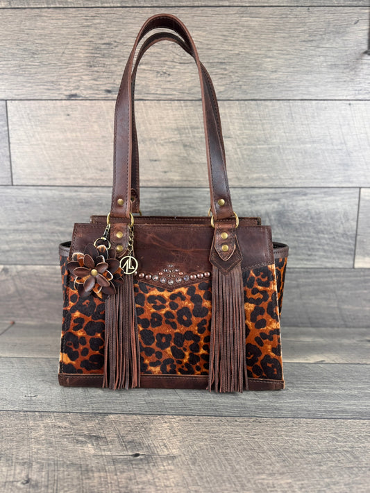 "Alyssa" Satchel Handbag 003 - Leopard & Chocolate