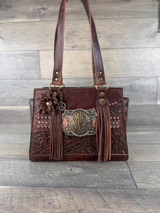 "Alyssa" Satchel Handbag 004 - Chocolate Tooled Buckle Style