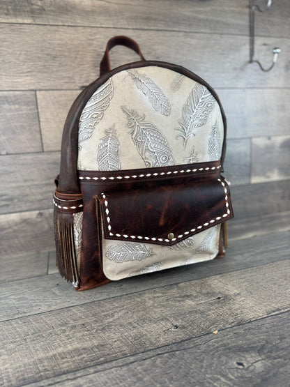 Backpack - White & Ivory Feathers with Buckstitching